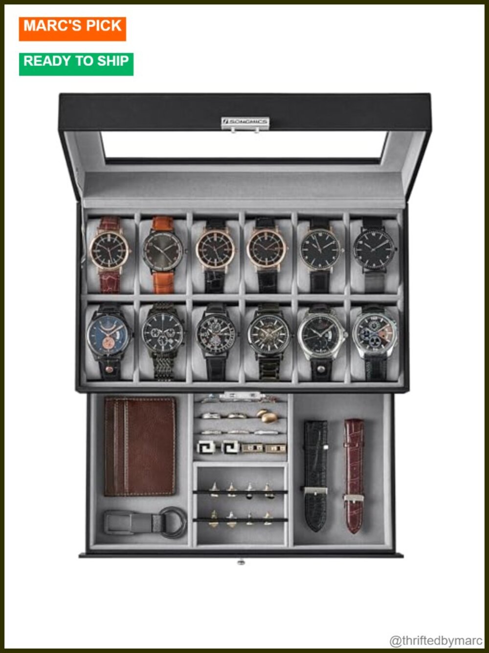 12-Slot Watch Box Organizer with Glass Lid, Metal Lock, 2 Layers, Removable